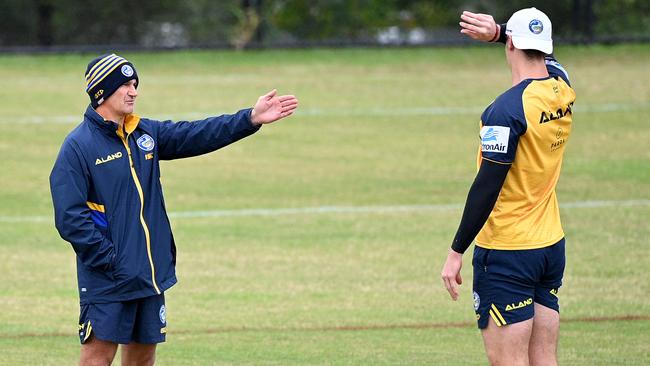 Brad Arthur directs traffic at Parramatta training.