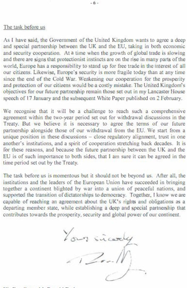 The final page of the six-page breakup letter from Prime Minister Theresa May to the President of the European Council. Picture: Supplied