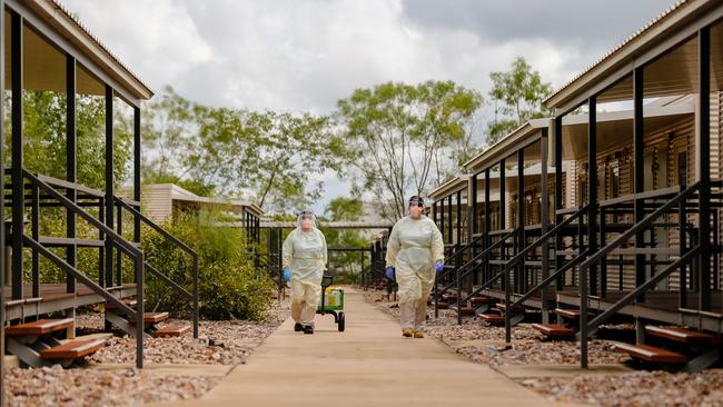 A Swabbing team at the the NCCTRC/AUSMAT sections of the Howard Springs Corona virus quarantine Facility on the outskirts of Darwin in The Northern Territory. Picture GLENN CAMPBELL