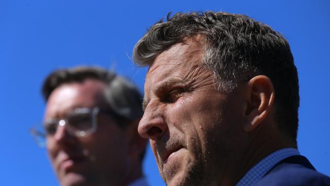 Treasurer Dominic Perrottet and Minister Transport and Roads Andrew Constance speak to the media during a press conference in Sydney. Picture: NCA NewsWire / Steven Saphore