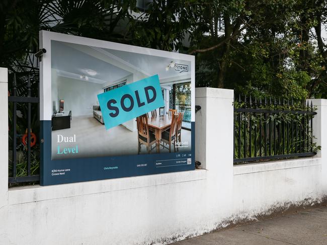 SYDNEY, AUSTRALIA - July 31, 2022: A general view of a apartment with a Sold Sign at the front of the property in Crows Nest on Sydney's North Shore as house prices continue to drop due to rising inflation. Picture: Newscorp- Daily Telegraph / Gaye Gerard