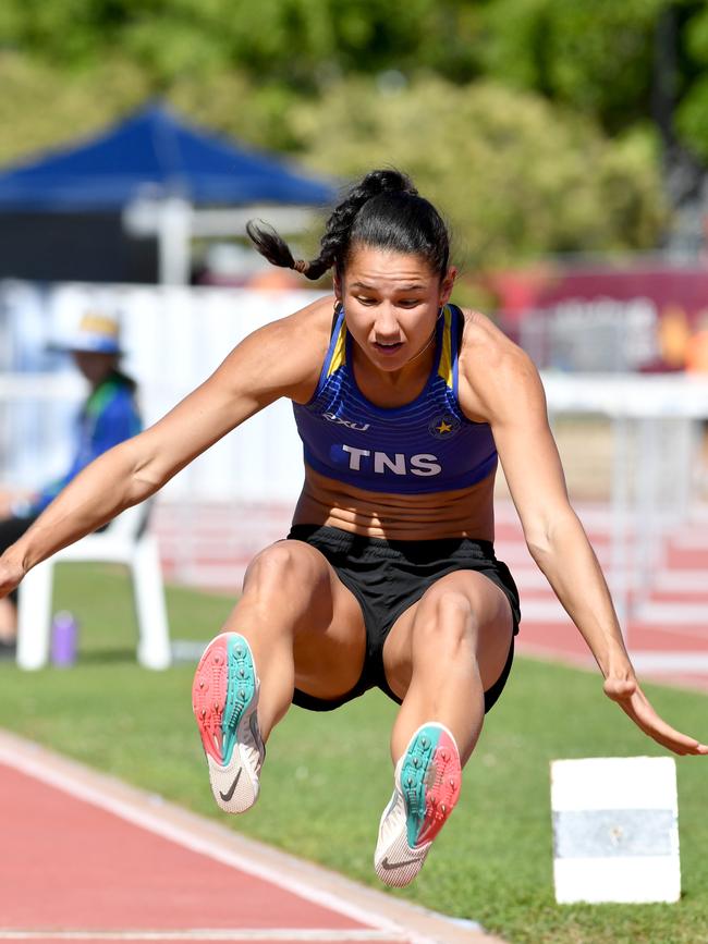 Tori West launches herself, competing in long jump. Picture: Evan Morgan