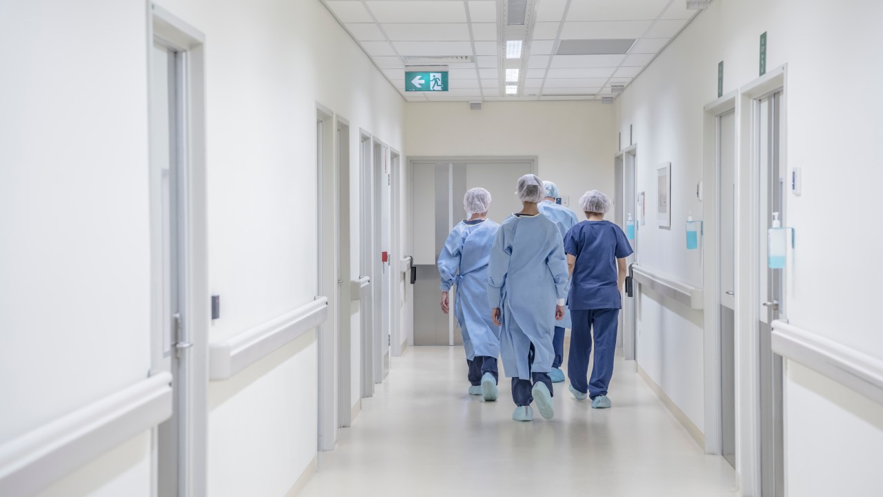 View from behind of four doctors in hospital corridor walking away from camera. Medical team in modern hospital corridor wearing surgical scrubs