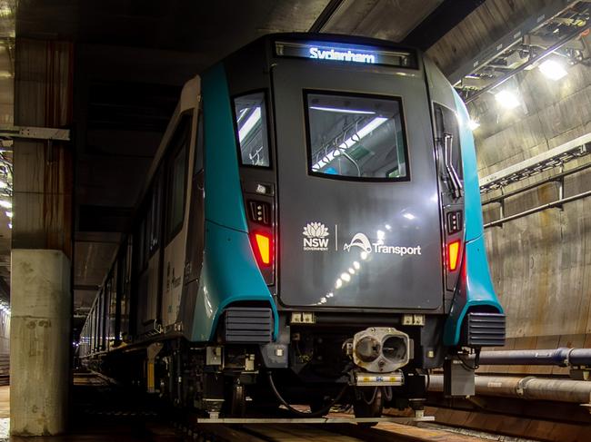 Sydney Metro City and Southwest train TS5 travels through the crossover cavern just north of Barangaroo station during testing.