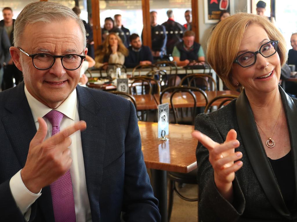 Labor Leader Anthony Albanese and former Australian Prime Minister Julia Gillard meet at Sfizio Cafe, which is in the electorate of Sturt. Picture: Getty