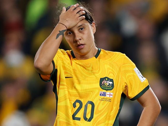 SYDNEY, AUSTRALIA - AUGUST 16: Sam Kerr of Australia reacts after England's second goal  during the FIFA Women's World Cup Australia & New Zealand 2023 Semi Final match between Australia and England at Stadium Australia on August 16, 2023 in Sydney, Australia. (Photo by Alex Pantling - FIFA/FIFA via Getty Images)