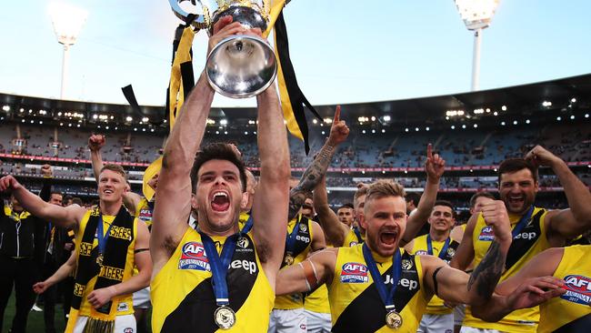 Richmond captain Trent Cotchin celebrates with the premiership Cup. Picture. Phil Hillyard