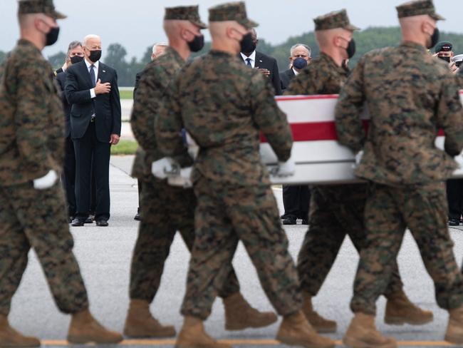 US President Joe Biden attends the transfer of the remains of fallen service members at Dover Air Force Base in Dover, Delaware, August, 29, 2021, after 13 members of the US military were killed in Afghanistan last week. Picture: AFP