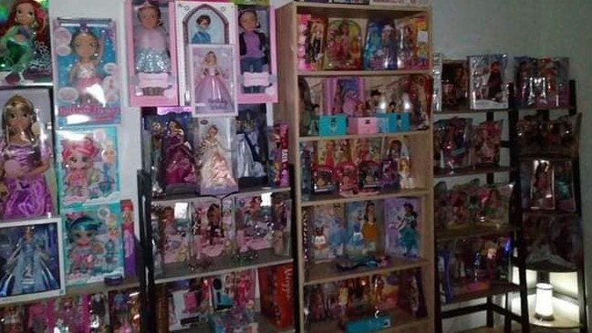 Kelly shared this photograph of bookcases holding dolls to social media. Picture: Facebook