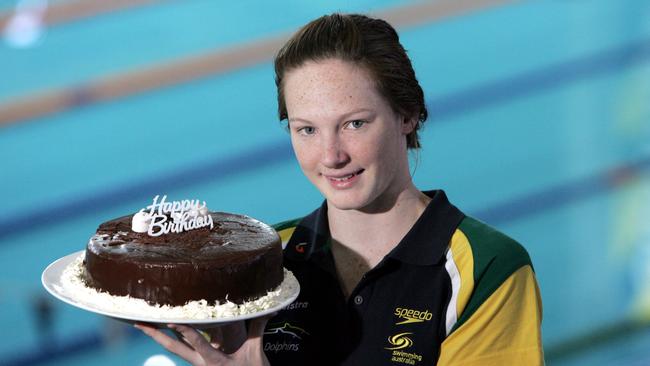 Campbell celebrating her 15th birthday in 2007 15yrs birthday after winning the Womens 50m Freestyle in Monaco. Picture: Steve Pohlner