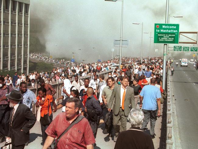 Thousands of people escaped lower Manhattan on September 11. Some (pictured) went to Brooklyn via the Brooklyn Bridge. Many others left crossed the Hudson River to the west of Manhattan and ended up in Jersey City.