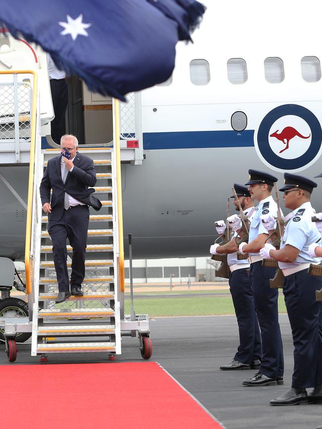 Prime Minister Scott Morrison arrives at Williamtown Air Base earlier this year. Picture: NCA NewsWire / Peter Lorimer.