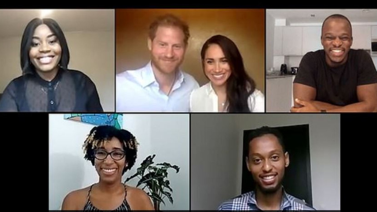 Prince Harry and Meghan Markle with young leaders from around the Commonwealth. Picture: The Queen's Commonwealth Trust