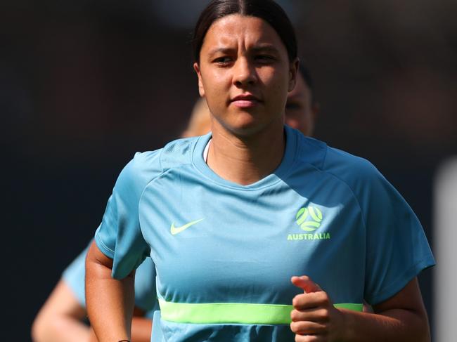 MUMBAI, INDIA - JANUARY 21: Sam Kerr of Australia warms up prior to the AFC Women's Asian Cup Group B match between Australia and Indonesia at Mumbai Football Arena on January 21, 2022 in Mumbai, India. (Photo by Thananuwat Srirasant/Getty Images)