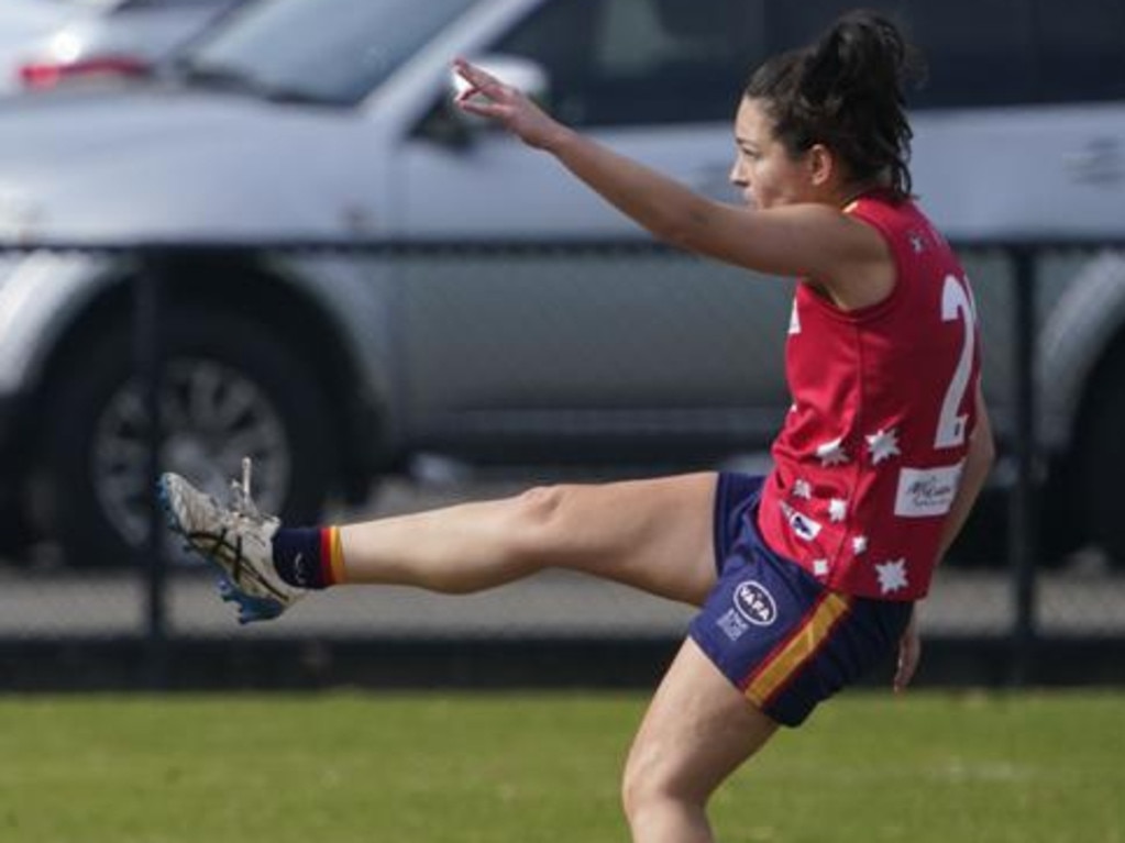 Old Scotch goalscorer Eloise Defina in action during the VAFA Premier Women's season. Picture: VAFA HQ