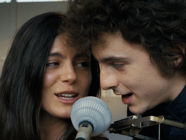 Timothée Chalamet and Monica Barbaro as Joan Baez and Bob Dylan. Picture: Searchlight Pictures