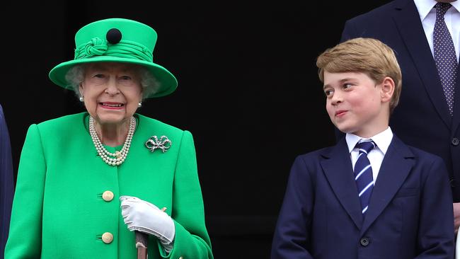 The Queen with Prince George on the balcony of Buckingham Palace during the Platinum Jubilee Pageant last June. Picture: Getty Images.