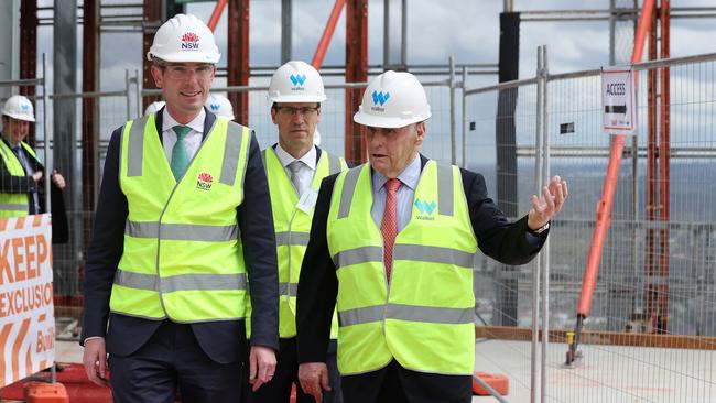 NSW Premier Dominic Perrottet, Walker Corporation CEO David Gallant and Lang Walker at the Parramatta Square topping out ceremony on December 1. Picture: David Swift