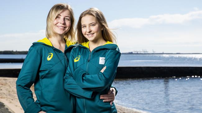 EMBARGOED - PLEASE CHECK WITH PIC DESK/JOURNO  Rhythmic gymnast Lidiia Iakovleva (right) at Wynnum waterfront with coach and mother, Iuliia Iakovleva, Sunday, June 27, 2021 - Picture: Richard Walker