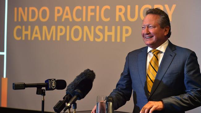 Andrew Forrest at the announcement of his plans for a new rugby competition in October. Picture: AFP