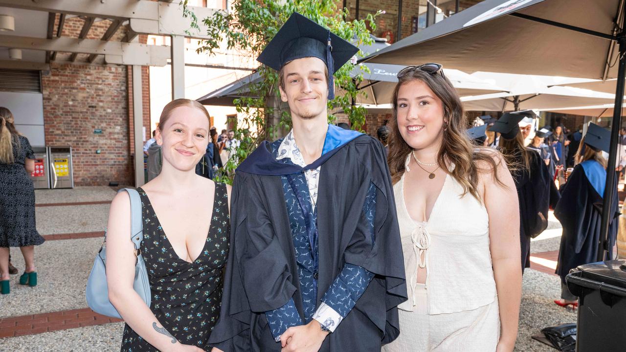 Eleni Markotsis, Kayden Verhagen and Macey Watkins at Deakin University’s environmental science graduation. Picture: Brad Fleet