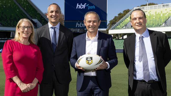 Hibernation’s end: Rita Saffioti, Andrew Abdo, Roger Cook and Peter V’landys at Perth’s upgraded HBF Park. Picture: Getty Images