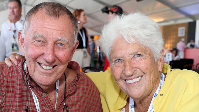 Old mates: Dawn Fraser with John Singleton at the Magic Millions polo day on the Gold Coast. Picture: Richard Gosling