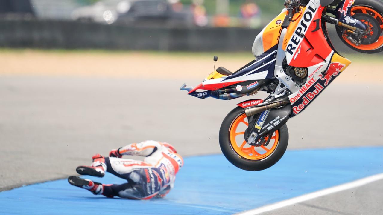 Marc Marquez hits the deck in Buriram. Picture: @CormacGP