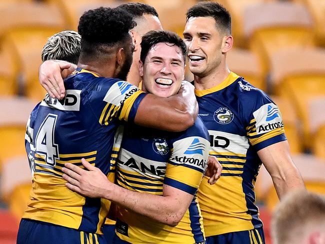 Waqa Blake and Mitchell Moses of the Eels celebrate a try during the round three NRL match against the Brisbane Broncos at Suncorp Stadium on May 28. Picture: Getty