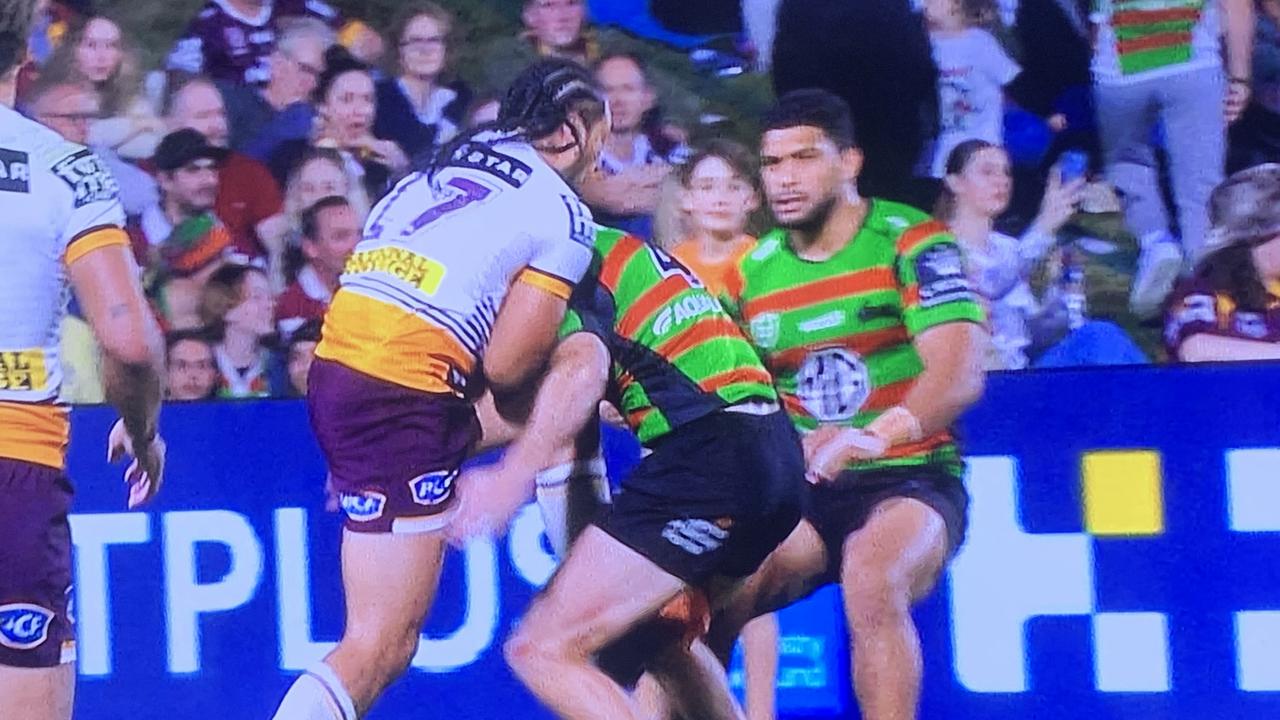 Broncos prop Marty Taupau could be in hot water after lifting his leg in the tackle of South Sydney’s Campbell Graham on the Sunshine Coast.