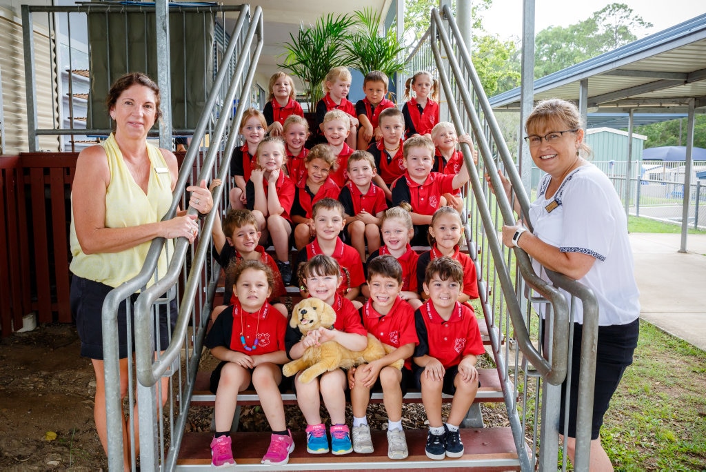 GYMPIE WEST PREP M: (Back from left) Brandon Pickering, Ella Smitham, Cooper Reid, Talloulah Cook, (4th row) Lilly Childs, Destiny Ramsay, Liam Knudson, Chad Mackaway, Connor Birch(3rd row) Bailey Gladman, Jazel Poley, Braxton Pascoe, Aiden Payne, (2nd row) Arley Baker, Jayden Outram, Scarlett Attard, Mya Knight, (front)Natalia Russell, Sophie Ashford holding lucky, Deacon Bressler, Eli Smithteacher aide Mrs Kerri Laycock, teacher Mrs Sonya Russell. Picture: LEEROY TODD