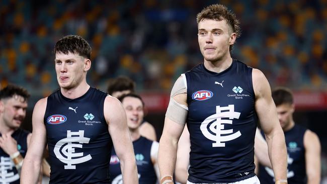 Sam Walsh (left) and Patrick Cripps of the Blues after a loss during the 2024 AFL first elimination final match with the Brisbane Lions. Cripps is frontrunner for the Brownlow Medal Monday night. Picture: Michael Willson/AFL Photos via Getty Images.