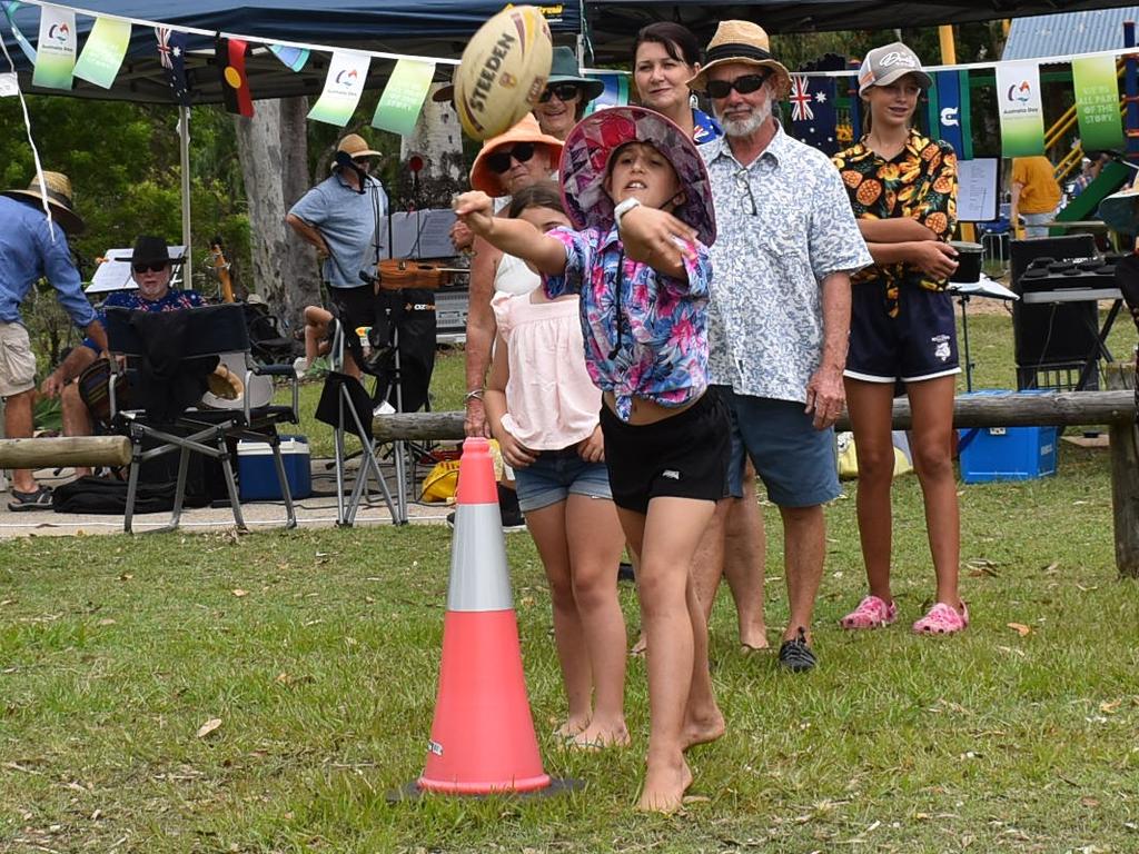 Ella Di-Filippo and Michael Connolly in Dummy Throwing contest at St Helens Australia Day Celebration, January 26, 2022. Picture: Madeleine Graham