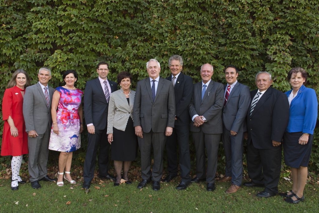 The new Toowoomba Regional Council (from left) Cr Megan O'Hara Sullivan, Cr Bill Cahill, Cr Nancy Sommerfield, Cr Geoff McDonald, Deputy Mayor Carol Taylor, Mayor Paul Antonio, Cr Mike Williams, Cr Chris Tait, Cr James O'Shea, Cr Joe Ramia and Cr Anne Glasheen. Picture: Kevin Farmer