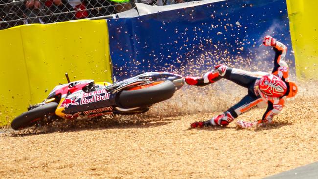 Marc Marquez crashed 27 times in 2017 and still won the title. Pic: MotoGP.