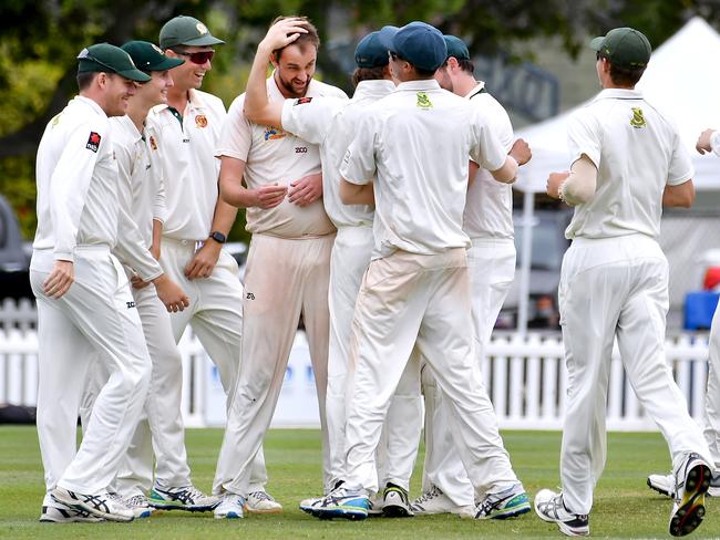 Redlands players celebrate a wicketSci-Fleet Motors club cricket competition between Toombul and RedlandsSaturday October 1, 2022. Picture, John Gass