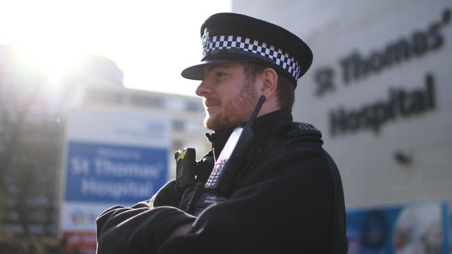 A policeman on duty outside St Thomas’ Hospital in London. Picture: AFP