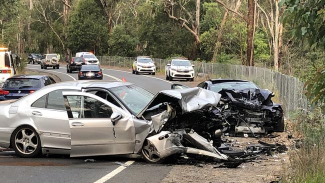 Head-on crashes suchas this on Wakehurst Parkway at North Narrabeen could be lessened if the road was upgraded to four lanes. Picture: Jim O’Rourke