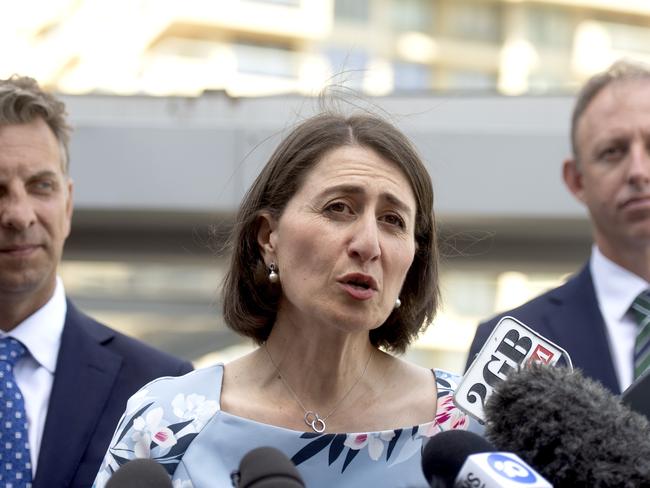 NSW Premier Gladys Berejiklian makes an announcement about Australia's first driverless metro train completing its first journey on the Metro northwest railway line. Picture: Jeremy Piper 