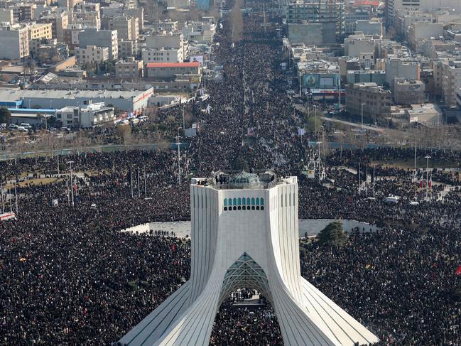 Iranian mourners taking part in a funeral procession in Tehran for slain Iranian general Qassem Soleimani. Picture: AFP