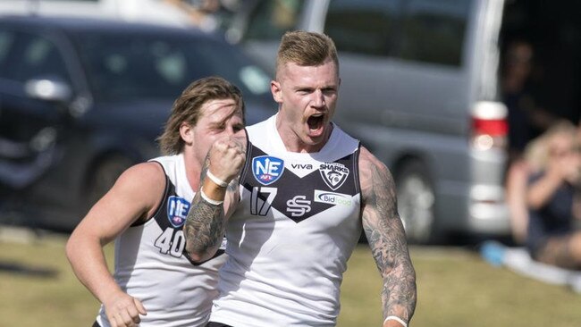 Mitchell Johnson celebrates during the Sharks win against Aspley Picture: TJ Yelds/NEAFL.