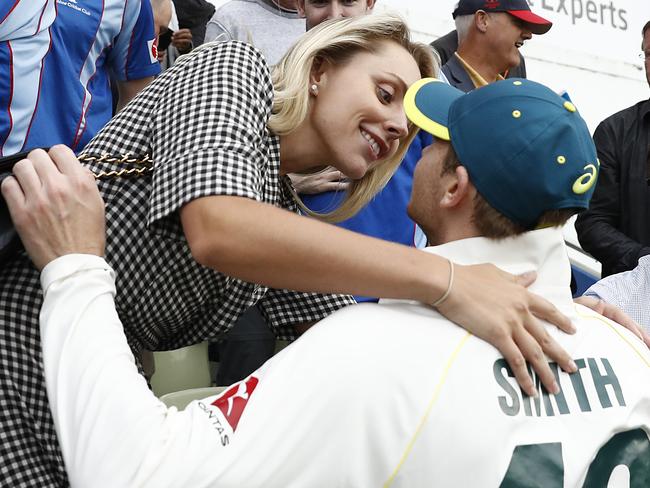 Steve Smith is congratulated by his wife Dani Willis after scoring 144 runs in the first innings of the Test at Edgbaston. Picture: Ryan Pierse/Getty Images