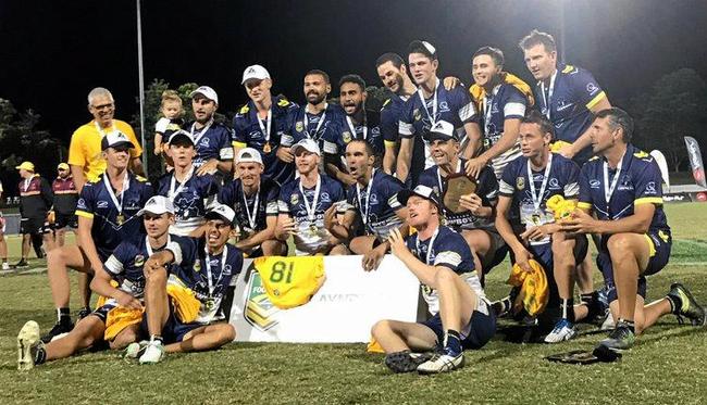 The Dan Withers-captained Queensland Cowboys celebrate their three-peat in the Elite Eight Series in Coffs Harbour. Picture: CONTRIBUTED