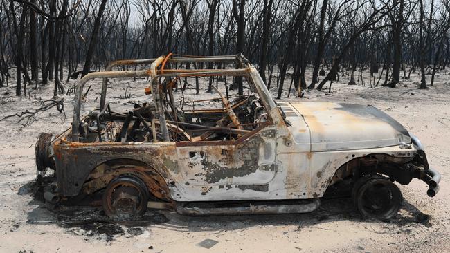 A burnt-out car in the Kangaroo Island Wilderness Retreat in Flinders Chase, after the fire ripped through the national park on January 4. Picture: Emma Brasier