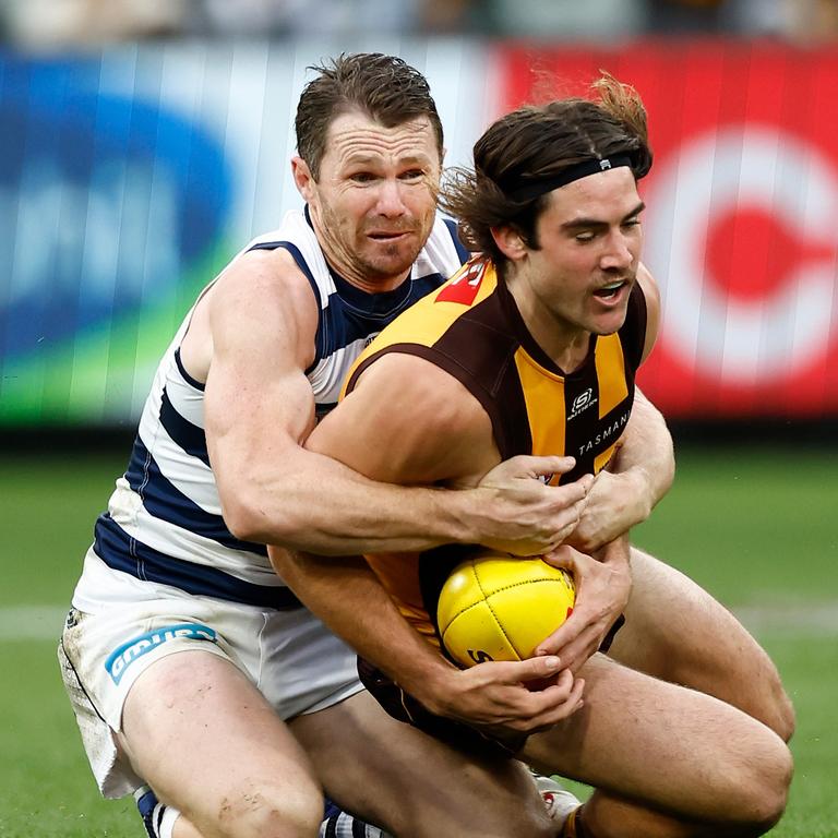 Jai Newcombe has only kicked one goal this season but has been an important forward presence for the Hawks in the absence of a key position target. Picture: Michael Willson / Getty Images