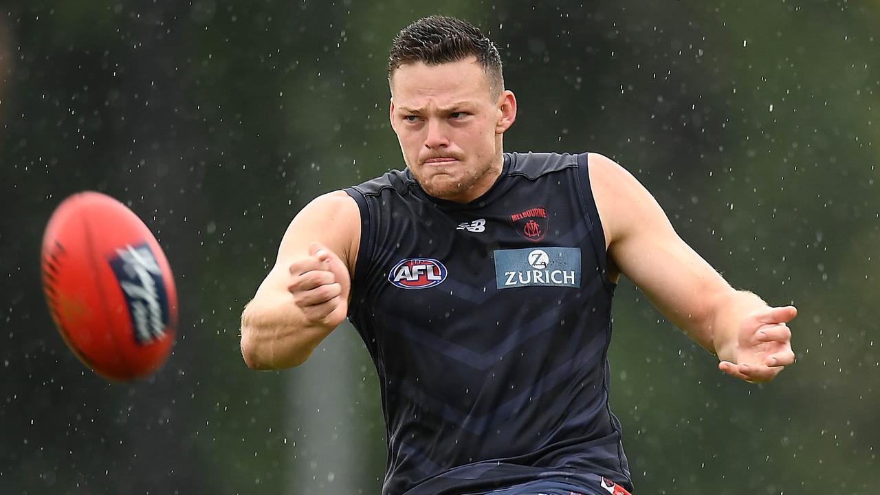 Steven May kicks the ball during a Melbourne training session. Photo: Quinn Rooney/Getty Images.