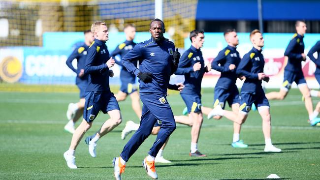 Usain Bolt in his first training session for Central Coast Mariners in Gosford. Picture: AAP.