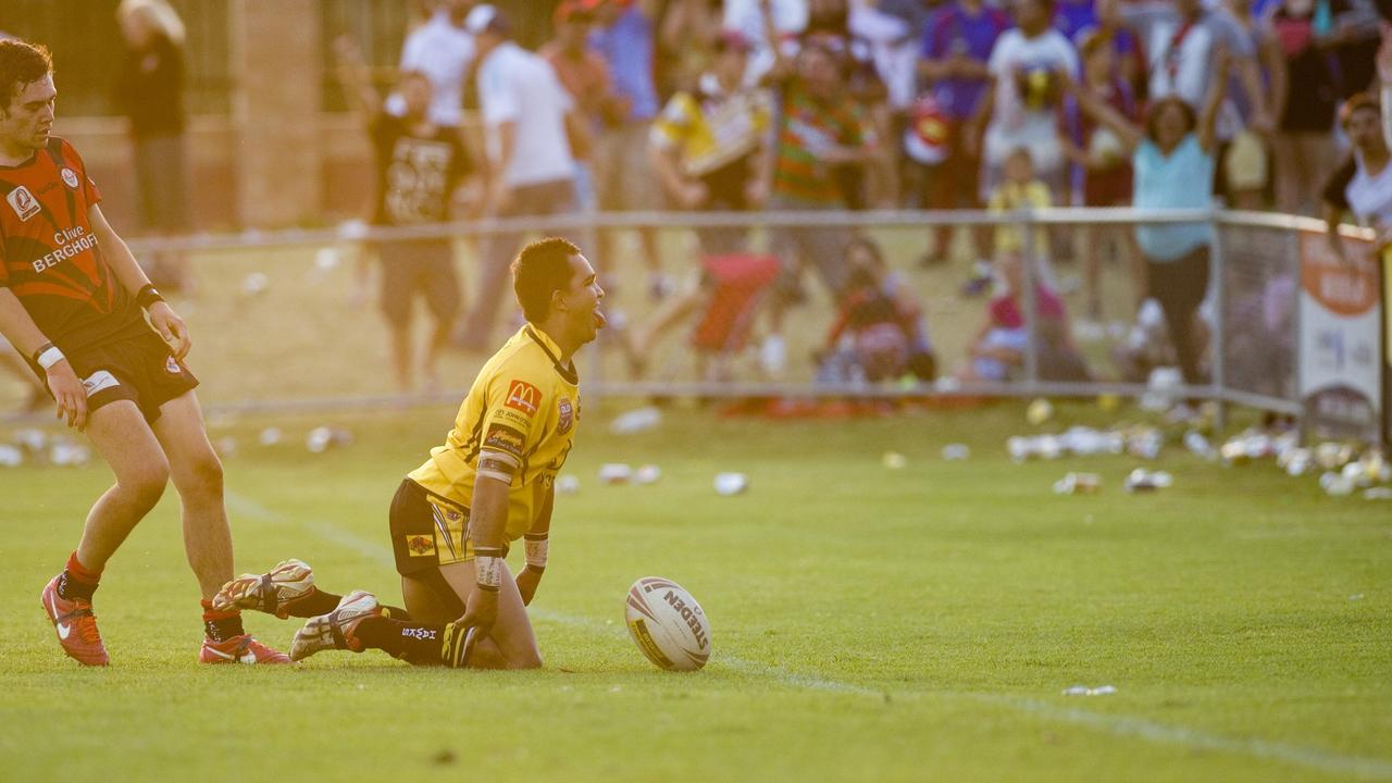 Ashley Boney celebrates a try for Gatton. Photo: Kevin Farmer