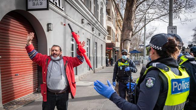Anti-lockdown protesters attempt to protest at State Parliament. A Picture: Jake Nowakowski