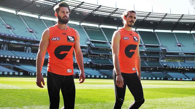 Callan Ward and Phil Davis on the MCG ahead of their clash with Collingwood. Picture: Phil Hillyard